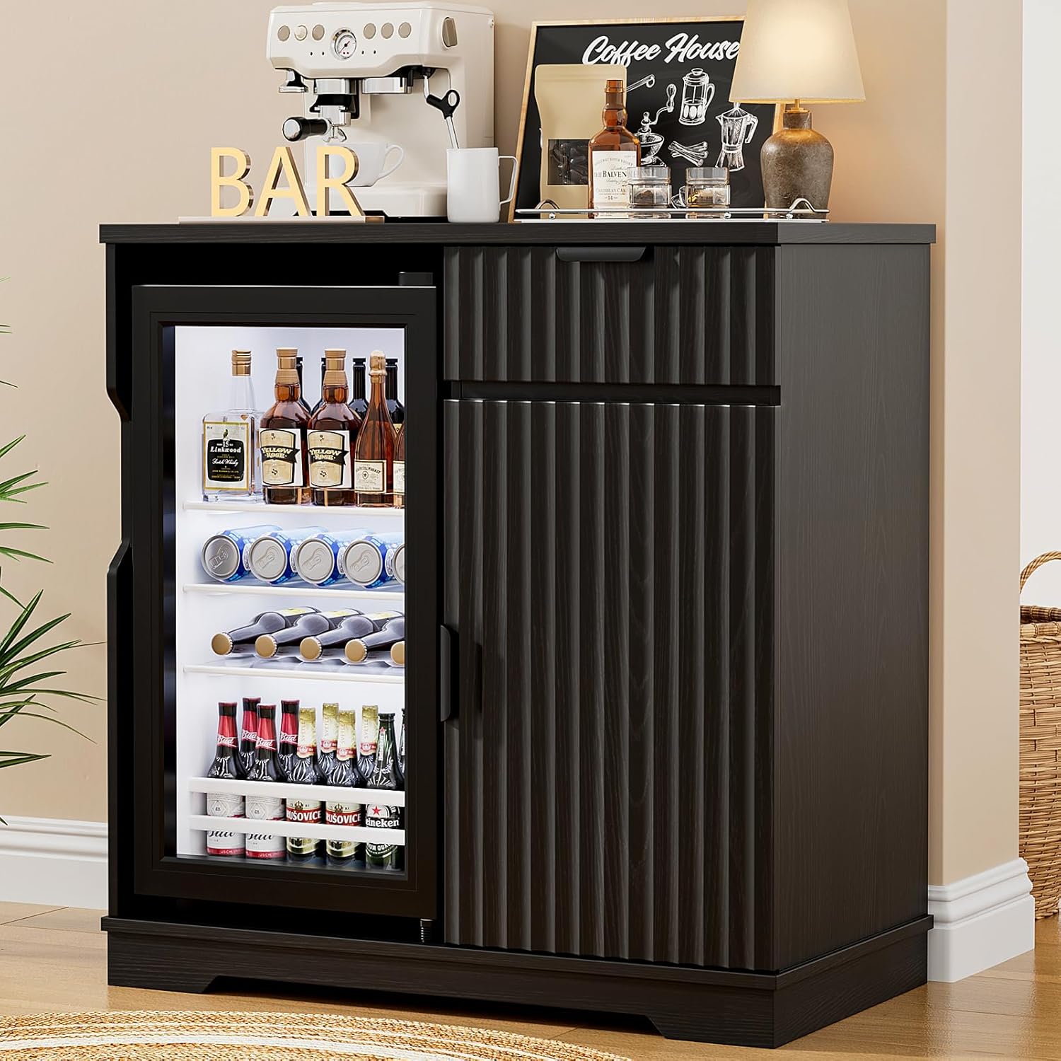 Home Bar And Fridge - Fluted Coffee Bar Cabinet with Mini